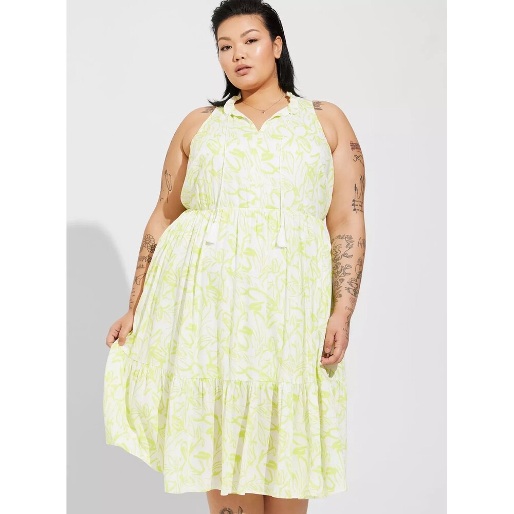 Torrid Plus Size 6X White Yellow Floral Print Midi Wash Gauze Tiered Dress